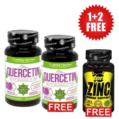Cvetita Herbal 1+1 FREE Quercetin + Mursala Tea - 80caps / 200 mg + 10/ten Zinc - Zinc 30 capsules x 15 mg