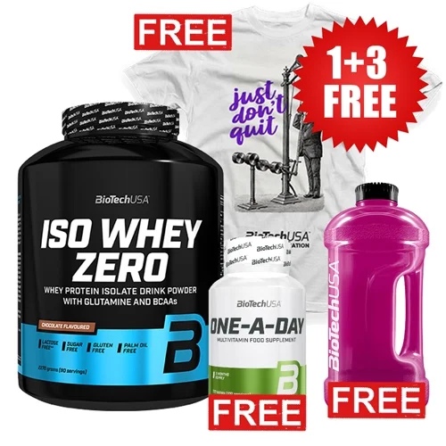Biotech USA 1+3 FREE Iso Whey ZERO + One A Day + GALLON 2.2 L + Just Don\t Quit White T-shirt