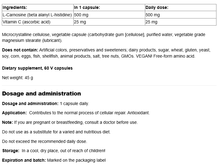 Natural Factors L-Carnosine 500 mg-factsheets