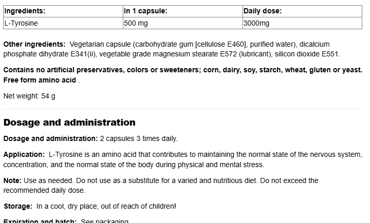 Natural Factors L-Tyrosine 500 mg-factsheets