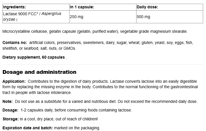Natural Factors Lactase Enzyme 250 mg-factsheets