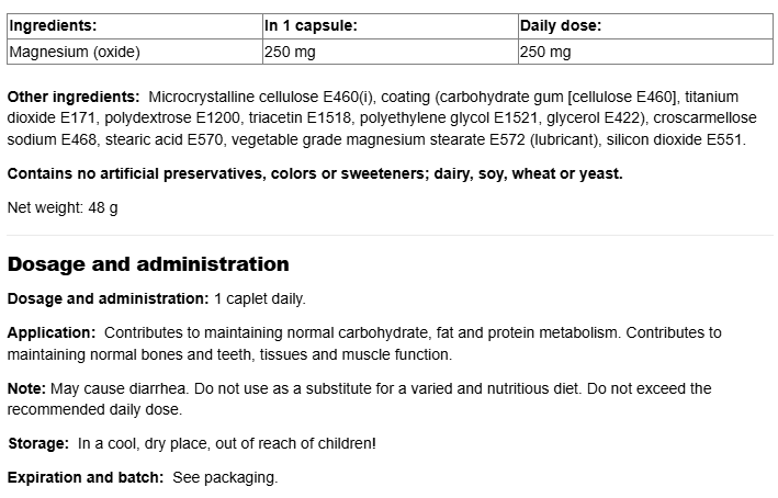 Natural Factors Magnesium Oxide 250 mg-factsheets