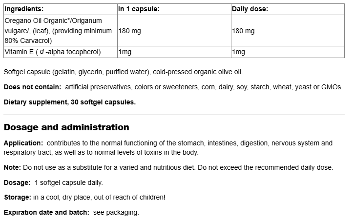 Natural Factors Oil of Oregano Organic 180 mg-factsheets