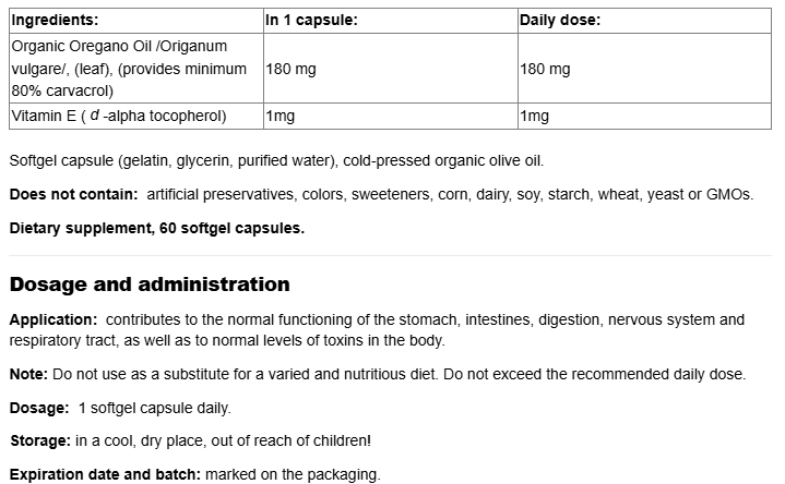 Natural Factors Oil of Oregano Organic 180 mg-factsheets