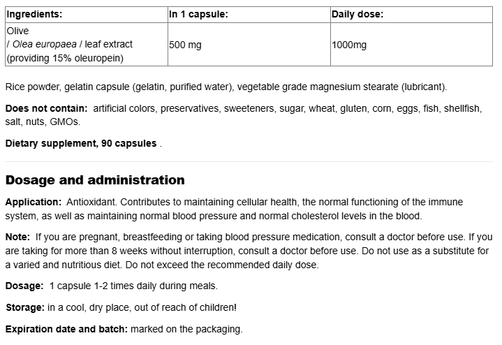 Natural Factors Olive Leaf 500 mg-factsheets