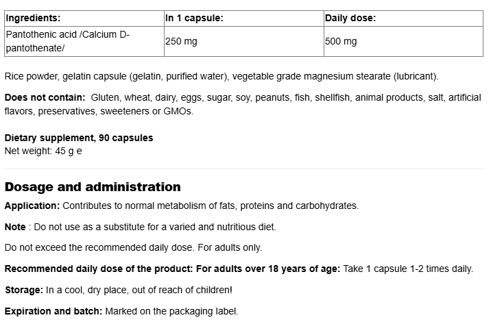 Natural Factors Pantothenic Acid 250 mg-factsheets