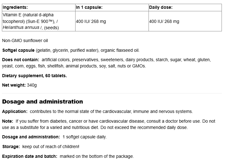 Natural Factors Whole Earth & Sea® Sunflower Vitamin E 400 IU-factsheets