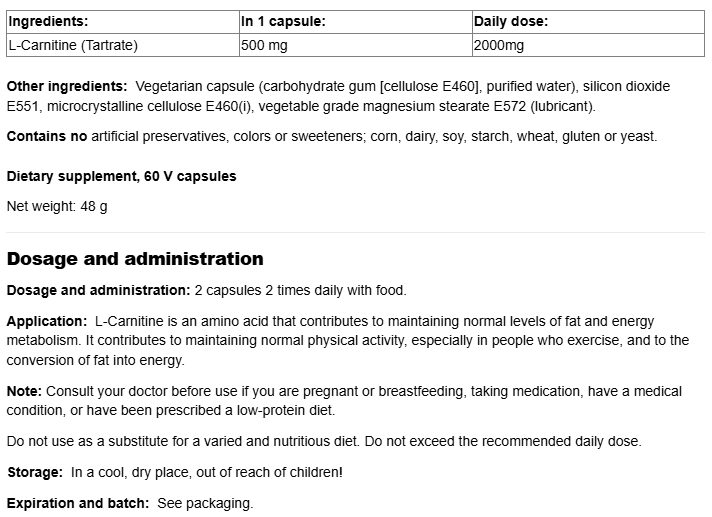 Natural Factors L-Carnitine 500mg-factsheets