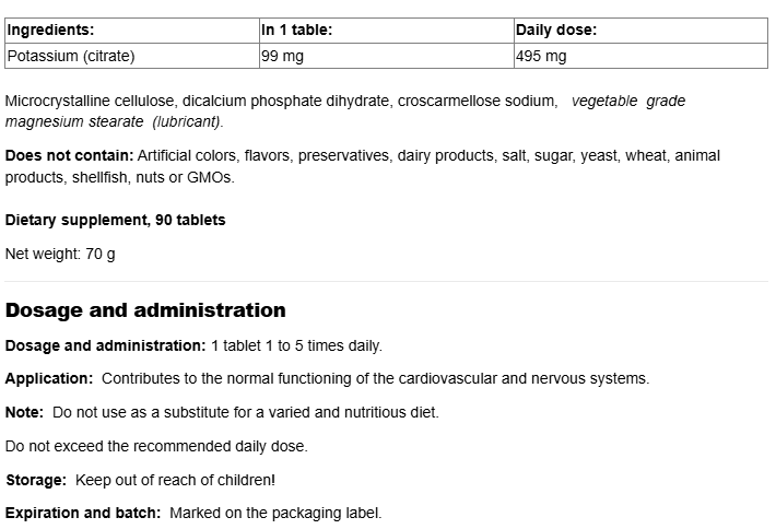 Natural Factors Potassium Citrate 99mg-factsheets