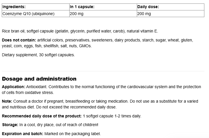 Natural Factors Coenzyme Q10 200 mg | All-Natural Form-factsheets