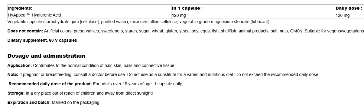 Natural Factors Vegan Hyaluronic Acid HyAppeal® 120 mg-factsheets
