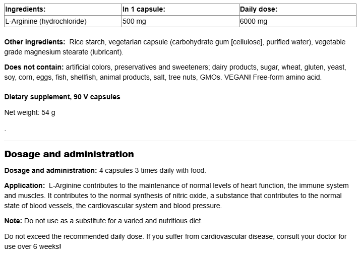 Natural Factors L-arginine 500mg-factsheets