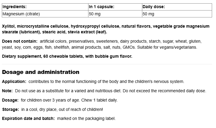 Natural Factors BIgFriends Magnesium Citrate Chewable 50mg-factsheets