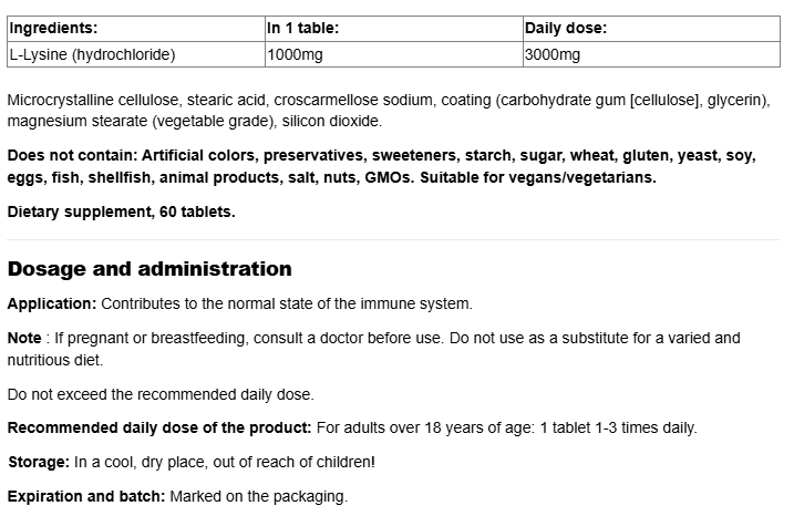 Natural Factors L-Lysine 1000mg-factsheets