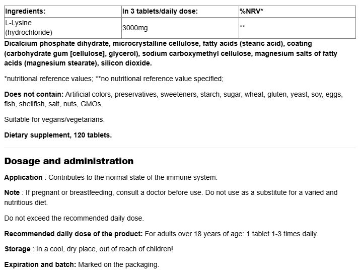Natural Factors L-Lysine 1000mg-factsheets
