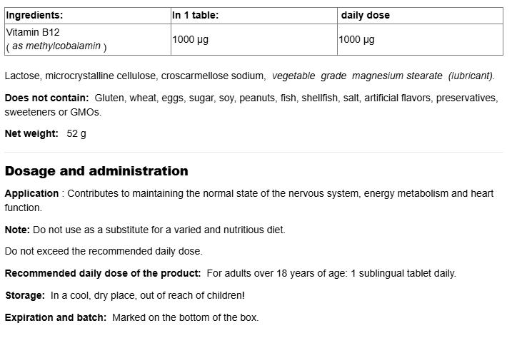 Natural Factors Vitamin B12 Methylcobalamin 1000 mg / 180+30 tablets-factsheets