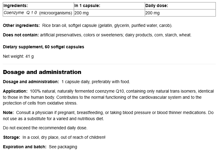 Natural Factors Coenzyme Q10 200 mg | All-Natural Form-factsheets
