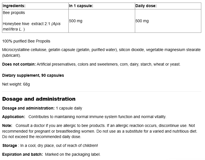 Natural Factors Bee Propolis 500 mg-factsheets