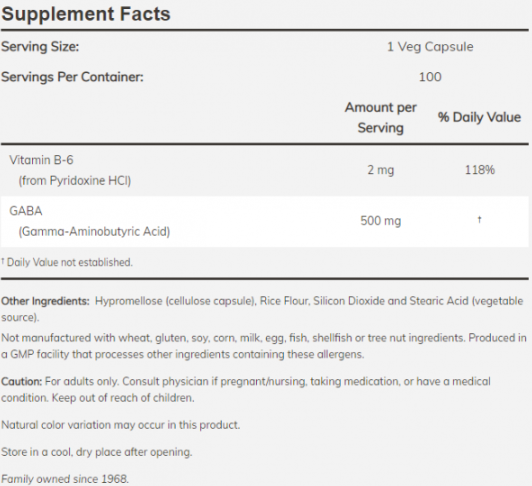 NOW GABA + B-6 / 500 mg / 100 capsules-factsheets