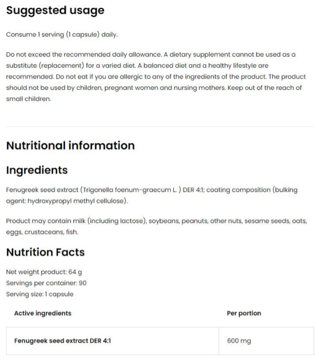 OstroVit Fenugreek 600 mg / Vege-factsheets