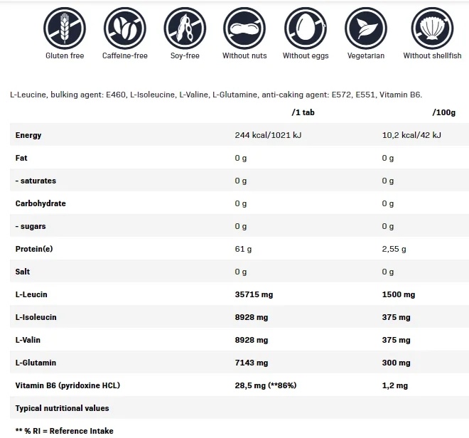 QNT Sport Nutrition BCAA 4:1:1 + L-GLUTAMINE 180 tablets-factsheets