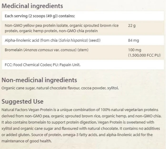 Natural Factors Vegan Protein Vegetable Protein 1000 g-factsheets