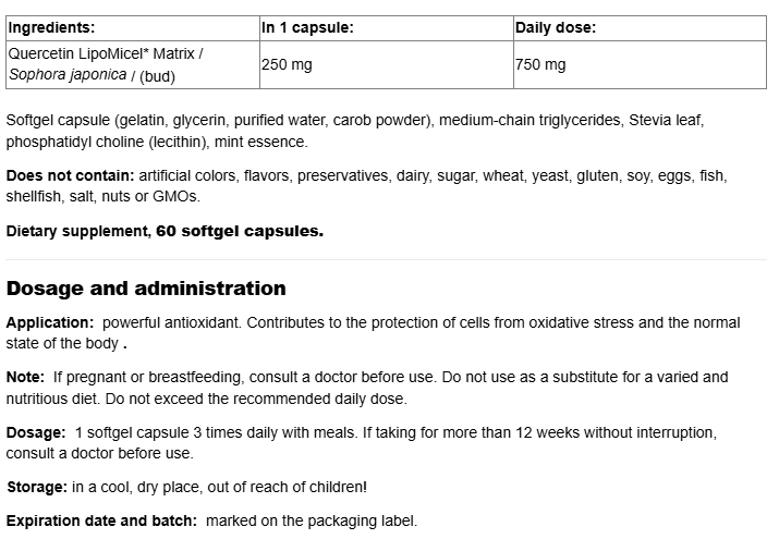 Natural Factors Quercetin LipoMicel Matrix 10 X Higher Absorption 250 mg-factsheets