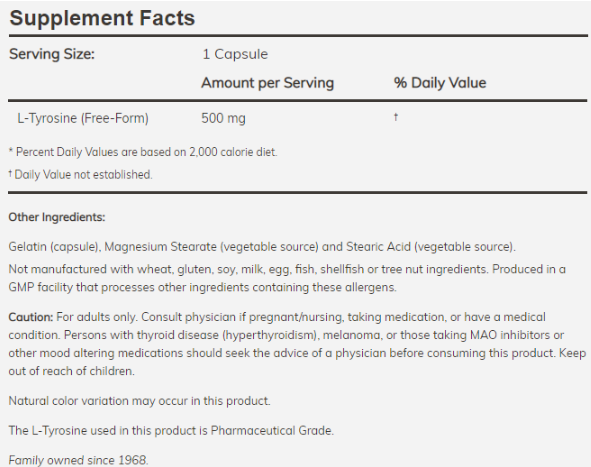 NOW L-tyrosine 500 mg-factsheets
