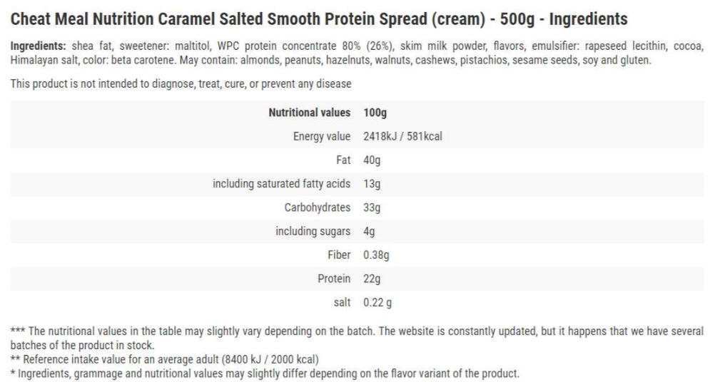 Cheat Meal Protein Spread Salted Carmel-factsheets