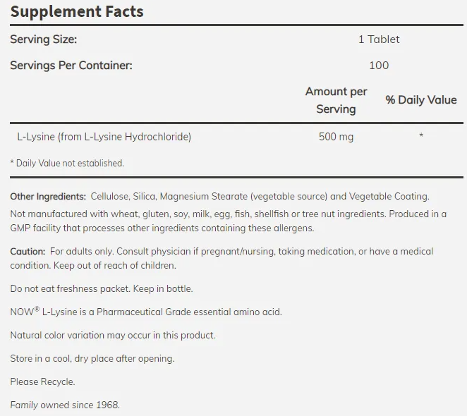 NOW L-Lysine 500 mg-factsheets