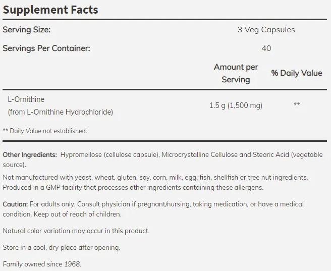 NOW L-Ornithine 500 mg-factsheets