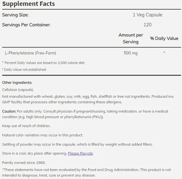 NOW L-Phenylalanine 500 mg-factsheets