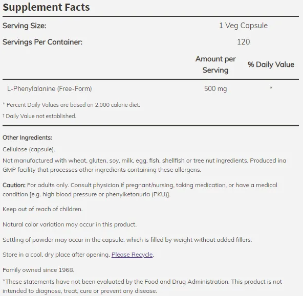 NOW L-Phenylalanine 500 mg / 60 capsules-factsheets