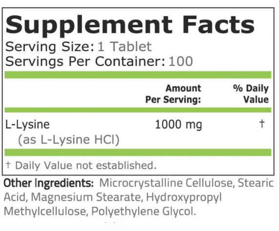 Pure Nutrition L-Lysine 1000 mg / 100 tablets-factsheets