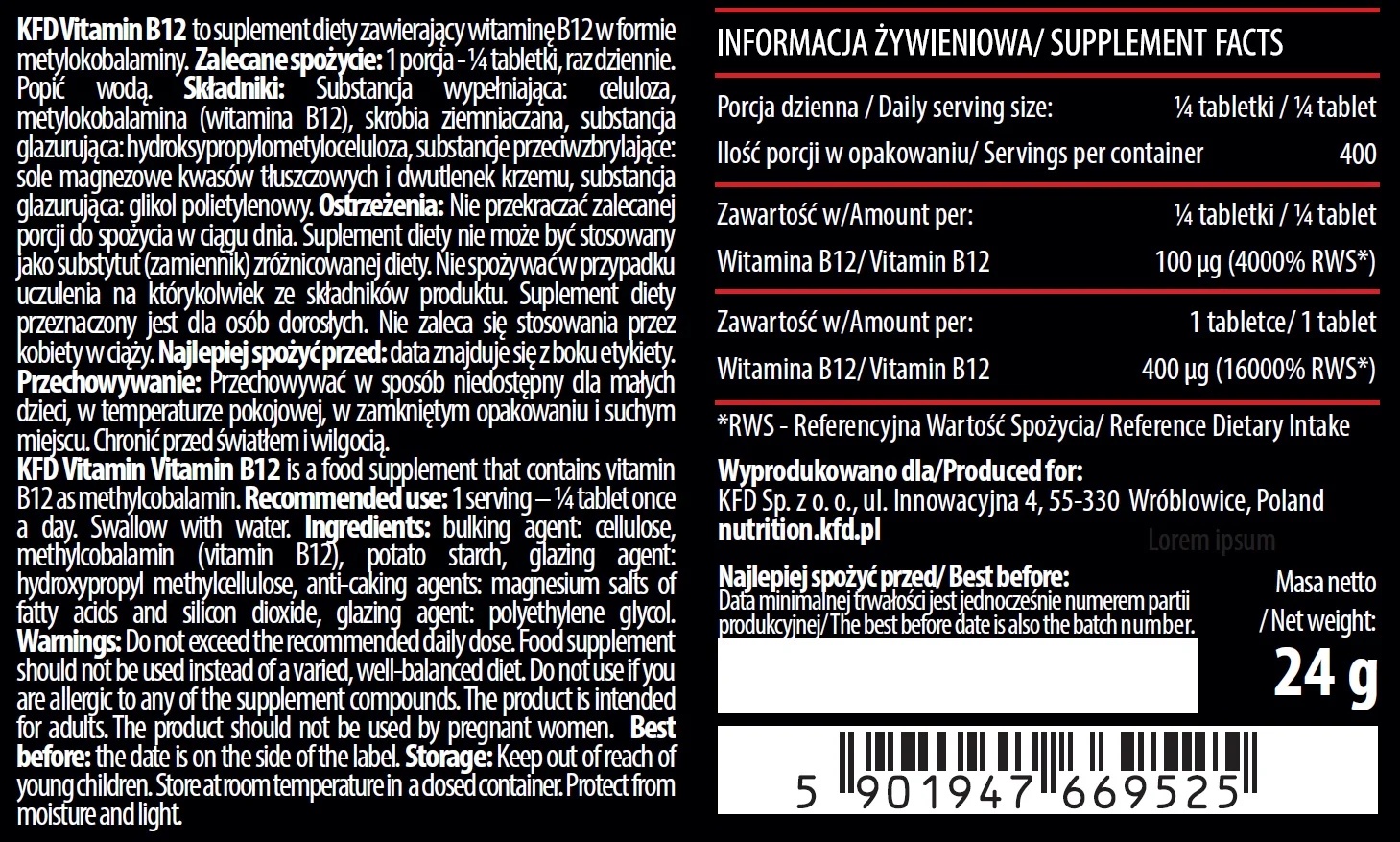 KFD Nutrition Vitamin B12 Methyl / 100 Tabs-factsheets