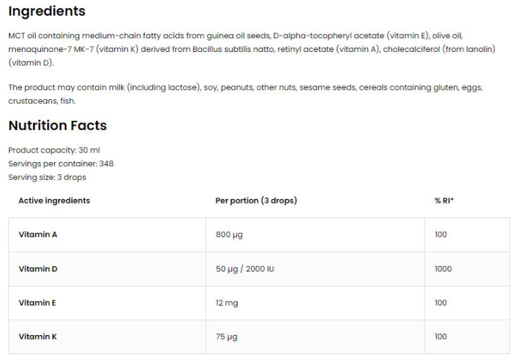 OstroVit ADEK Drops / Vitamin A + D + E + K /-factsheets