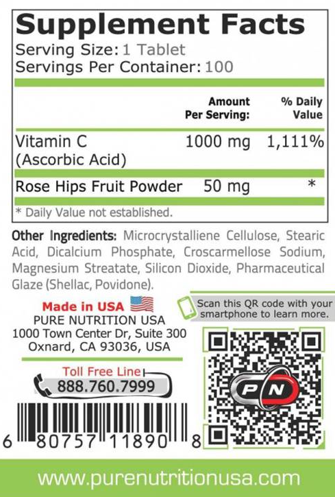 Pure Nutrition Vitamin C 1000mg. + Rose Hips / 100 tablets-factsheets