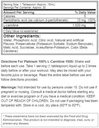 Muscletech Platinum 100% L-Carnitine 1500 / 550 ml-factsheets