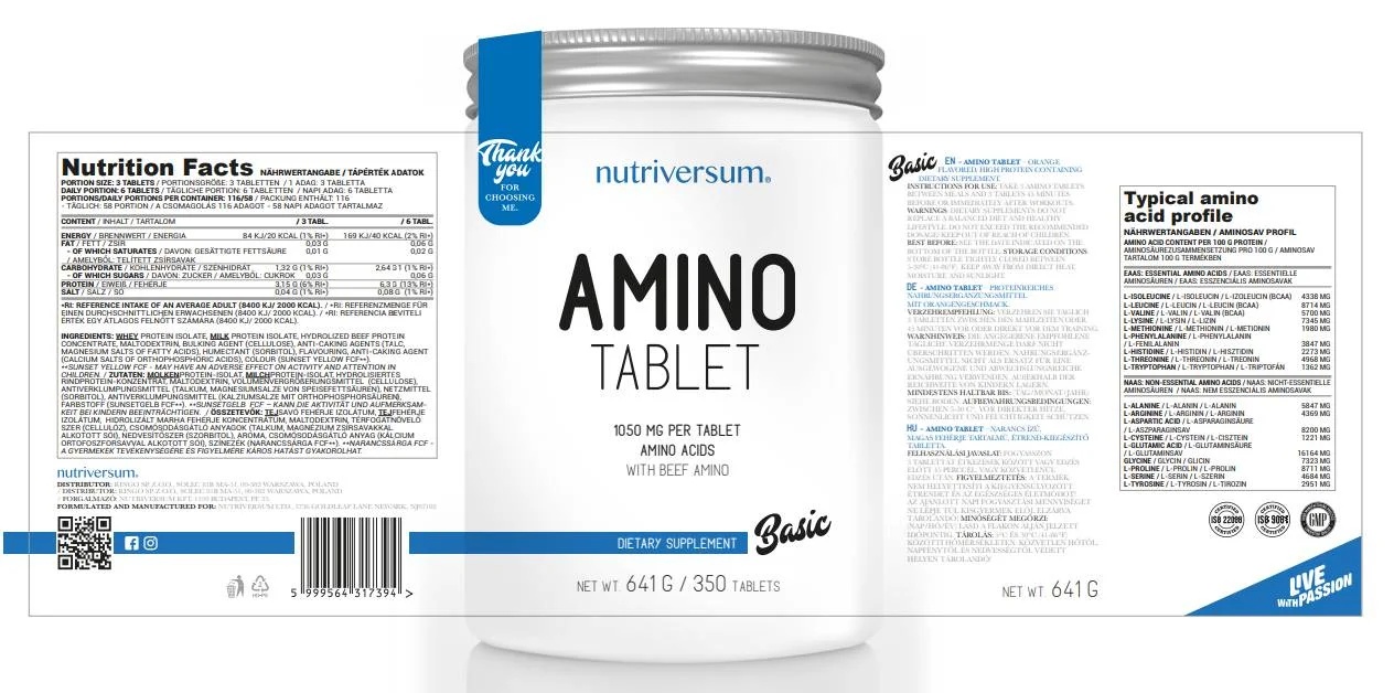 Nutriversum Amino Tablet | from Whey & Beef Protein - 350 tabs / 116 serv.-factsheets