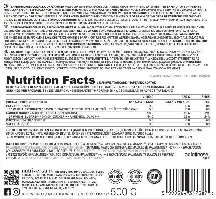 Nutriversum Carbohydrate Complex - 500 gr / 10 servs-factsheets