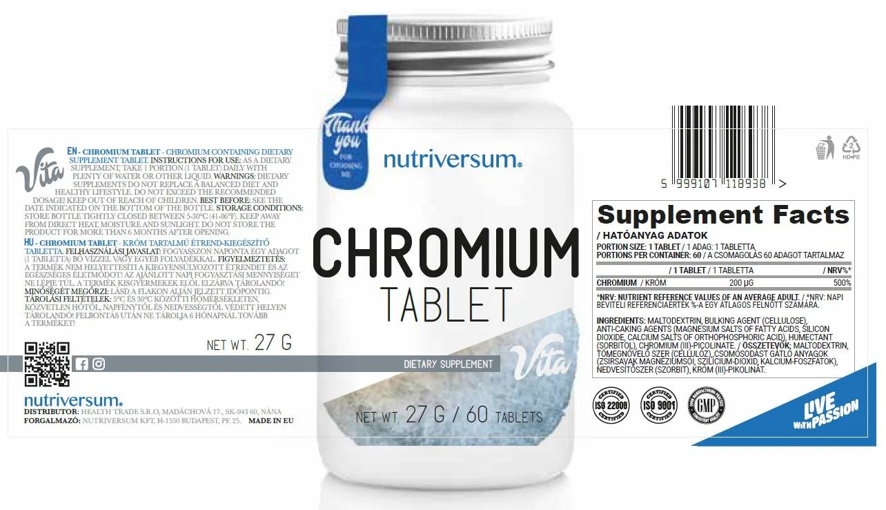 Nutriversum Chromium Tablet | 200 mcg Chromium Picolinate - 60 tabs / 60 servs-factsheets