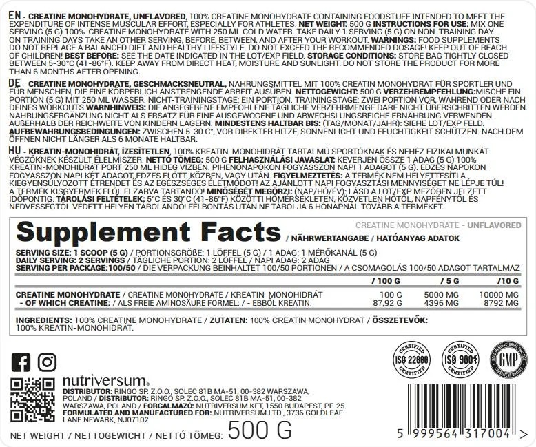 Nutriversum Creatine Monohydrate Powder - 500g / 100 servs-factsheets