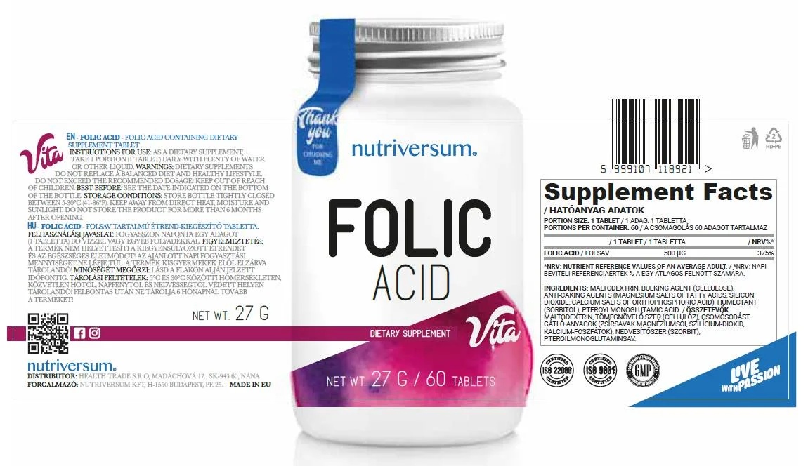 Nutriversum Folic Acid 500 mcg - 60 tabs / 60 servs-factsheets