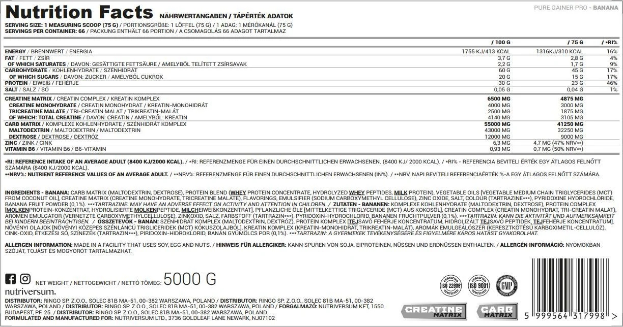 Nutriversum Gainer Pro Pure - 5000gr - 66 servs-factsheets