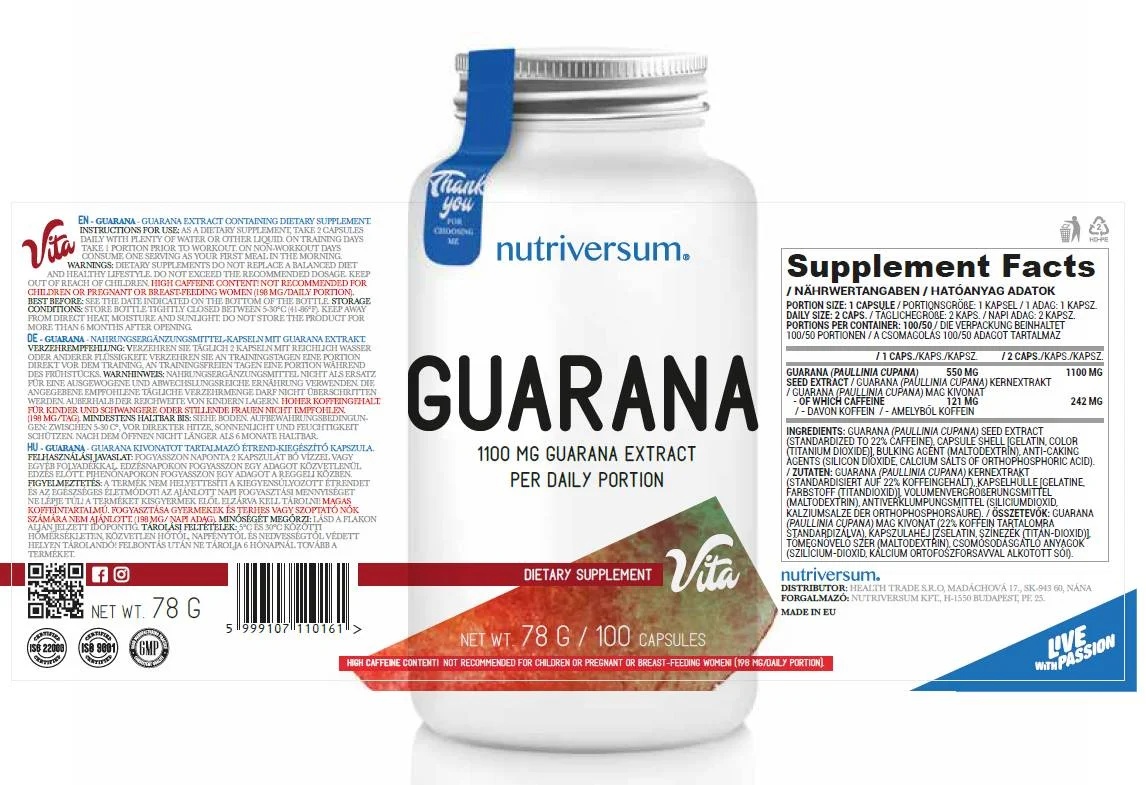 Nutriversum Guarana Extract 550 mg - 100 caps / 100 servs-factsheets