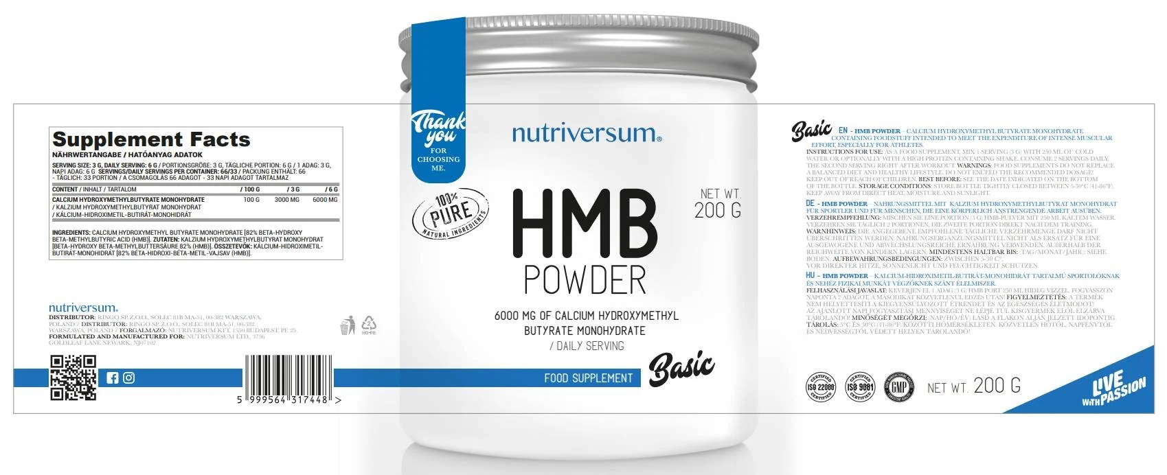 Nutriversum HMB Powder | 100% Pure - 200 gr / 66 servs-factsheets