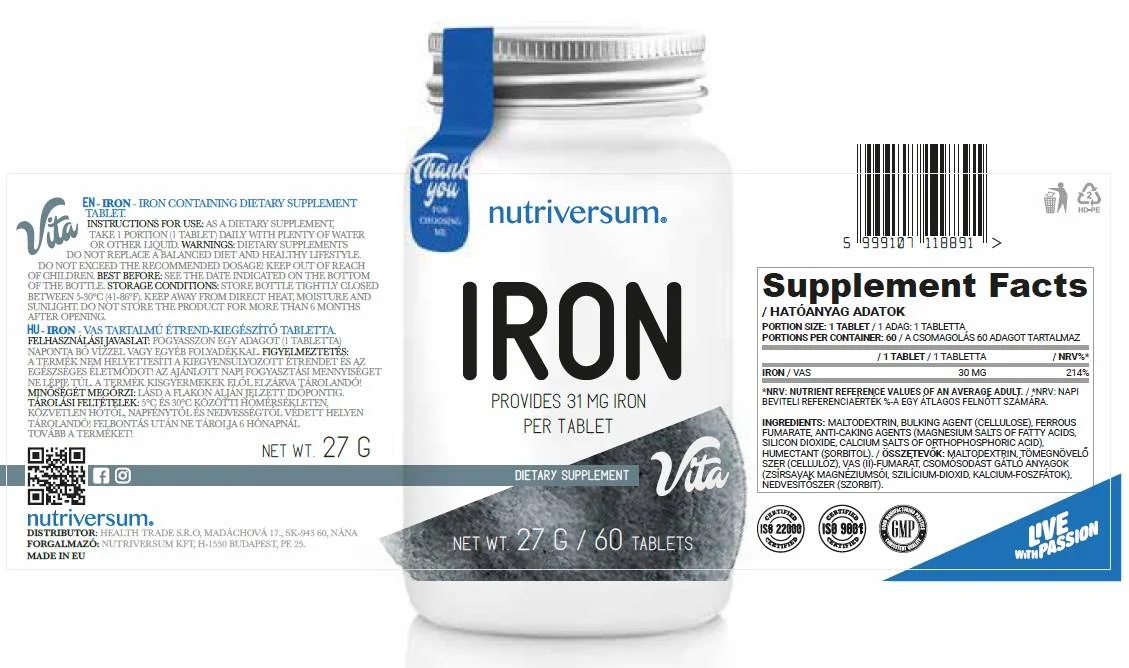 Nutriversum Iron 30 mg | Ferrous Fumarate - 60 tabs / 60 servs-factsheets