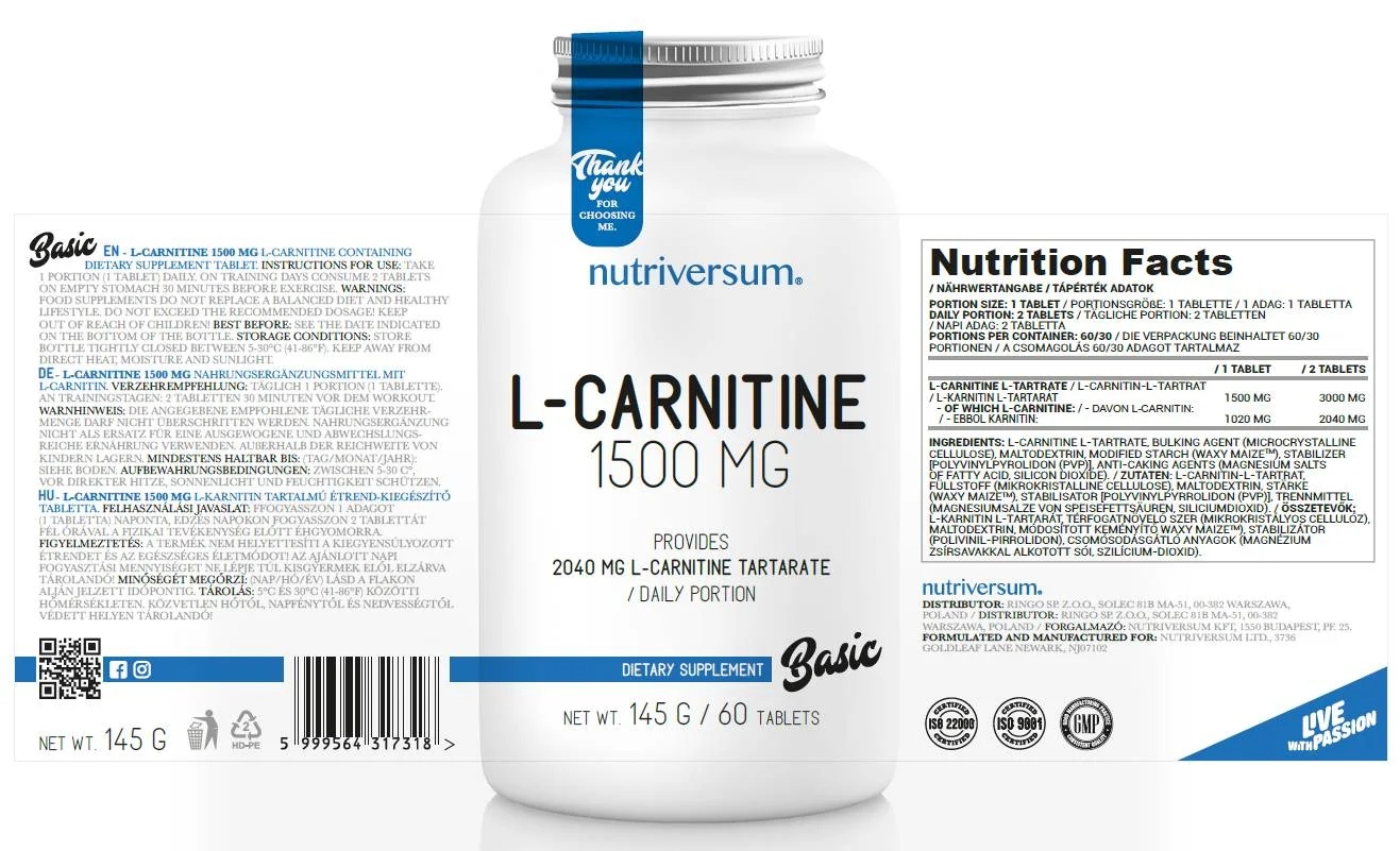 Nutriversum L-Carnitine tartrate 1500 mg - 60 tabs / 60 servs-factsheets