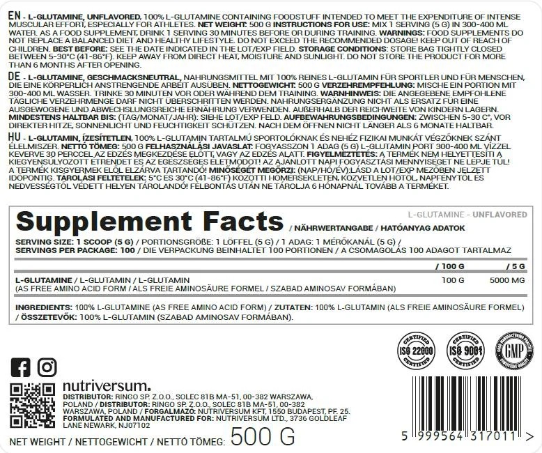 Nutriversum L-Glutamine Powder - 500 gr / 100 servs-factsheets