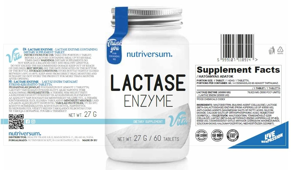 Nutriversum Lactase Enzyme - 60 tabs / 60 servs-factsheets